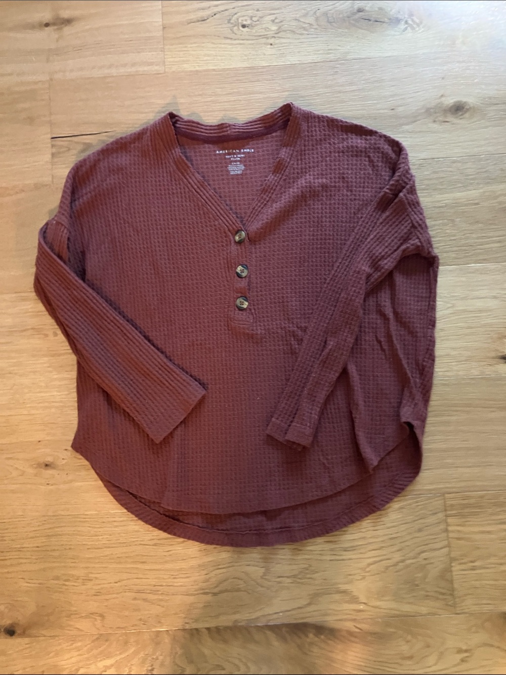 American Eagle Outfitters Burgundy Waffle-Knit Henley Top